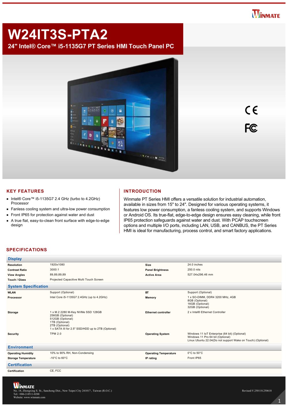 24" Intel&reg; Core&trade; i5-1135G7 PT Series HMI Touch Panel PC W24IT3S-PTA2 - Winmate, Inc.