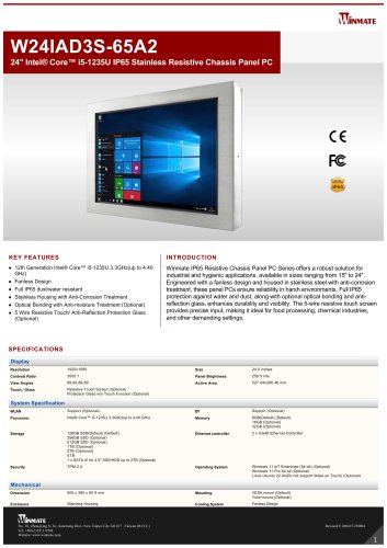 24" Intel&reg; Core&trade; i5-1235U IP65 Stainless Resistive Chassis Panel PC W24IAD3S-65A2