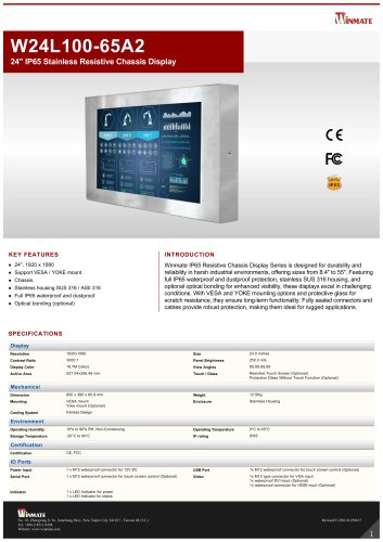 24" IP65 Stainless Resistive Chassis Display W24L100-65A2