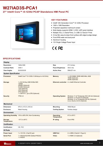 27" Intel® Core™ i5-1235U PCAP Standalone HMI Panel PC