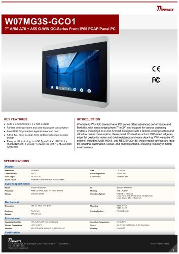 7" ARM A78 + A55 G-WIN GC-Series Front IP65 PCAP Panel PC W07MG3S-GCO1