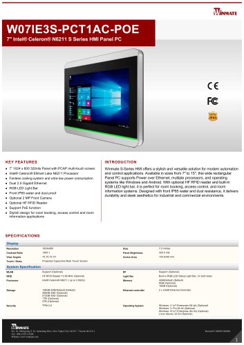 7" Intel&reg; Celeron&reg; N6211 S Series HMI Panel PC W07IE3S-PCT1AC-POE