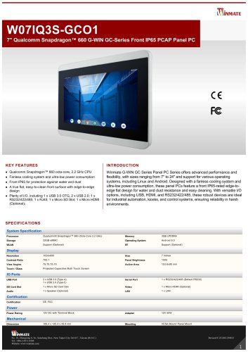 7" Qualcomm Snapdragon&trade; 660 G-WIN GC-Series Front IP65 PCAP Panel PC W07IQ3S-GCO1