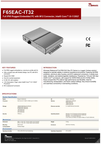 Full IP65 Rugged Embedded PC with M12 Connector, Intel&reg; Core&trade; i5-1135G7 F65EAC-IT32