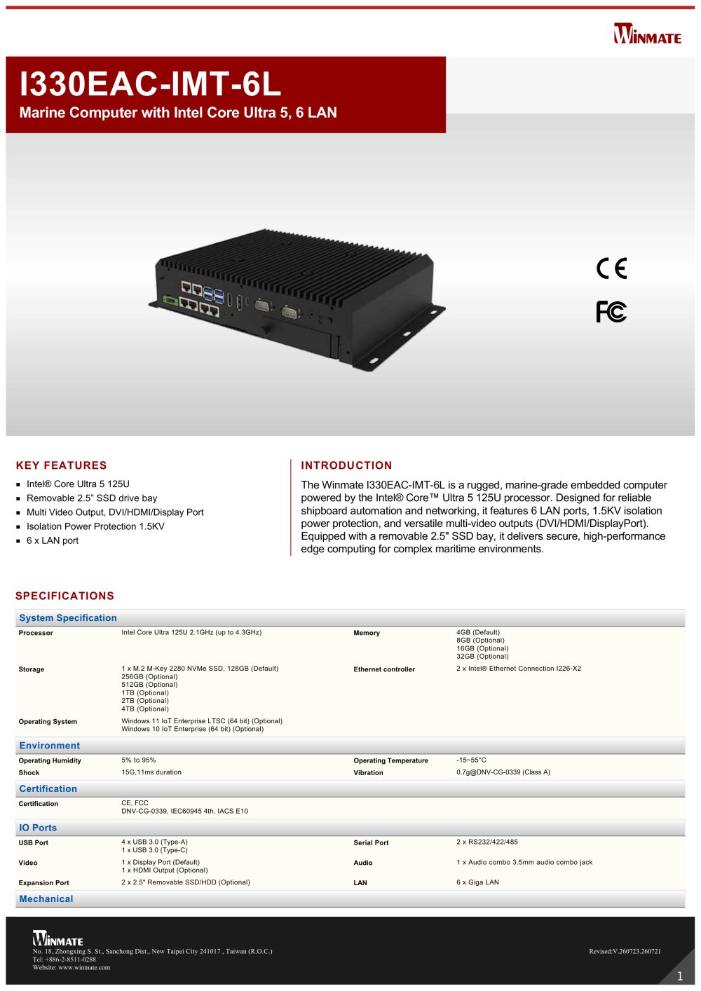 Marine Computer with Intel Core Ultra 5, 6 LAN I330EAC-IMT-6L - Winmate, Inc.