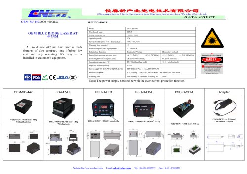 CNI/All solid state 447 nm blue laser/OEM-SD-447/3000-4000mW