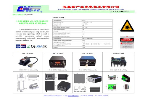 MGL-III-523.5 LD pumped all solid state green laser at 523.5nm  from CNI