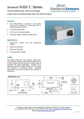 Sherborne Sensors A320 'L' Series Gravity Referenced, Ultra Low Range Linear Servo Accelerometers with 4-20mA Output