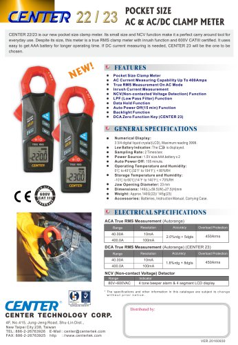 CENTER 22/23 POCKET SIZE AC & AC/DC CLAMP METER