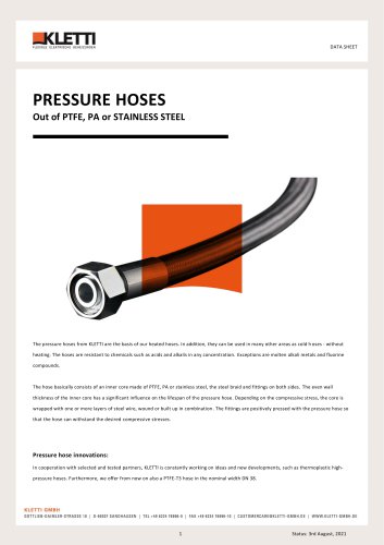 PRESSURE HOSES Out of PTFE, PA or STAINLESS STEEL