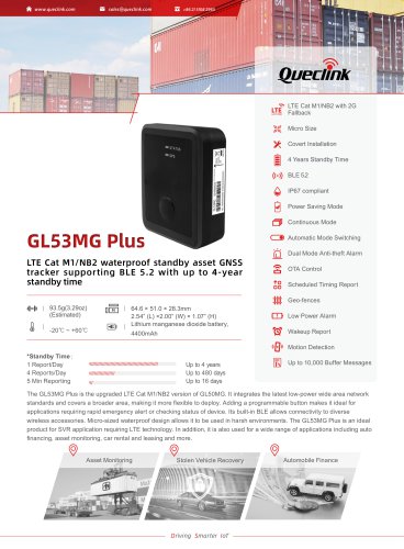 GL53MG Plus-LTE Cat M1/NB2 waterproof standby asset GNsstracker supporting BLE 5.2 with up to 4-yearstandby time