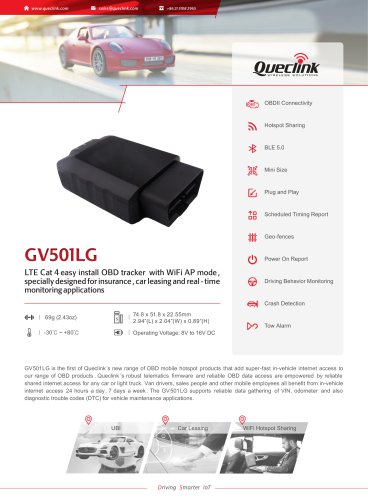 GV501LG-LTE Cat 4 easy install OBD tracker with WiFi AP modespeciallydesigned forinsurance , car leasingand real -timemonitoringapplications