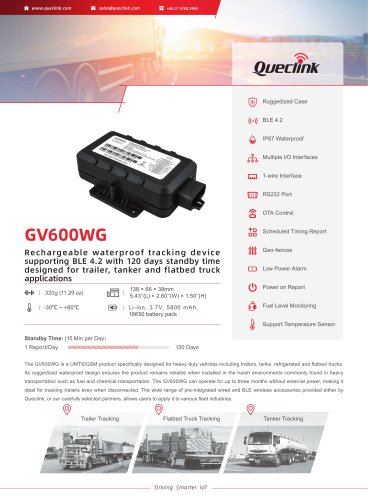 GV600WG-Rechargeable waterproof tracking devicesupporting BLE 4.2 with 120 days standby timedesigned for trailer,tanker and flatbed truckapplications