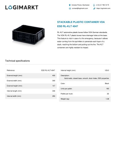 STACKABLE PLASTIC CONTAINER VDA ESD RL-KLT 4047