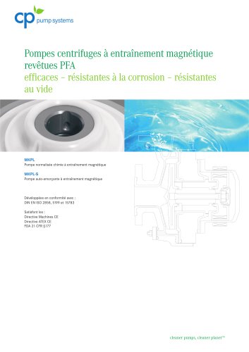 Pompes centrifuges à entraînement magnétique revêtues PFA