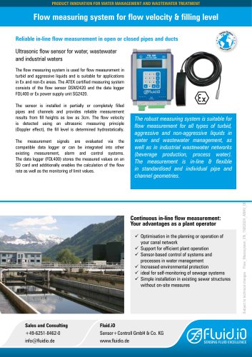 Flow measuring system for flow velocity & filling level