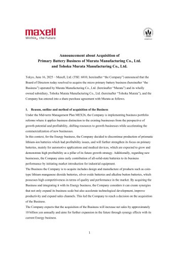 Announcement about Acquisition of  Primary Battery Business of Murata Manufacturing Co., Ltd.  and Tohoku Murata Manufacturing Co., Ltd.