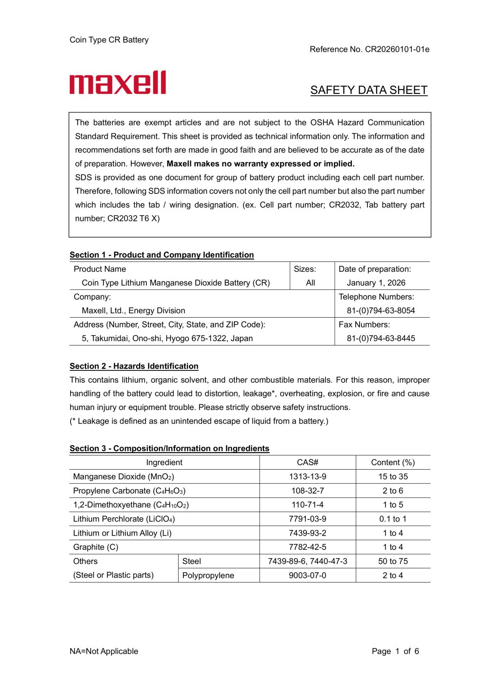 Coin Type Lithium Manganese Dioxide Batteries (CR)_safety data sheet - Maxell, Ltd.