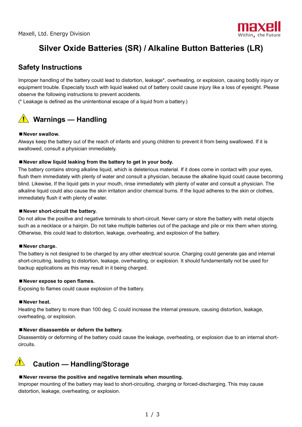 Safety Instructions_Silver Oxide Batteries (SR) - Maxell, Ltd.