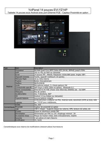 EVI-YZ14P : Tablette Android 14 pouces avec port Ethernet POE &ndash; Capteur de proximit&eacute; en option