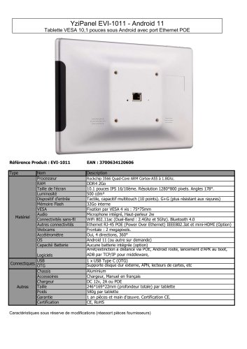 YziPanel EVI-1011 - Tablette POE VESA sous Android 10 pouces