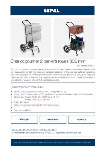  CHARIOT COURRIER 2 PANIERS ROUES 300 mm
