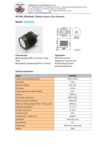 TA0040KB-Ultrasonic-Distance-Sensor-Datasheet