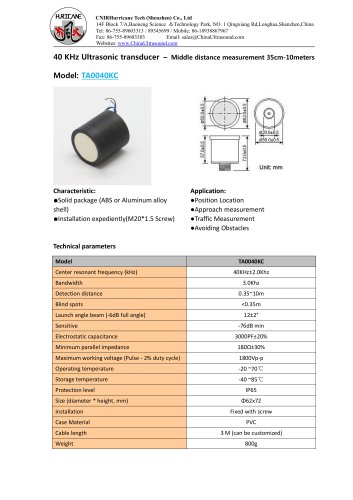 TA0040KC-Ultrasonic-Distance-Sensor-Datasheet