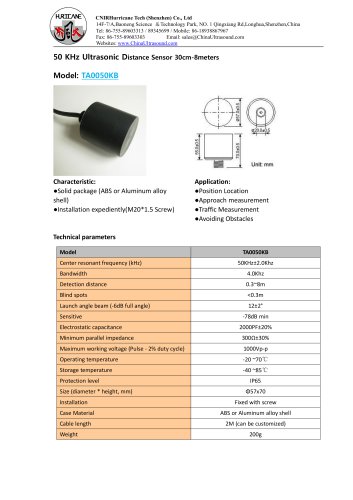 TA0050KB-Ultrasonic-Distance-Sensor-Datasheet