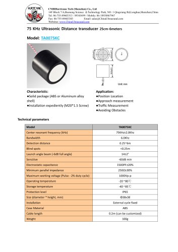 TA0075KC-Ultrasonic-Distance-Sensor-Datasheet