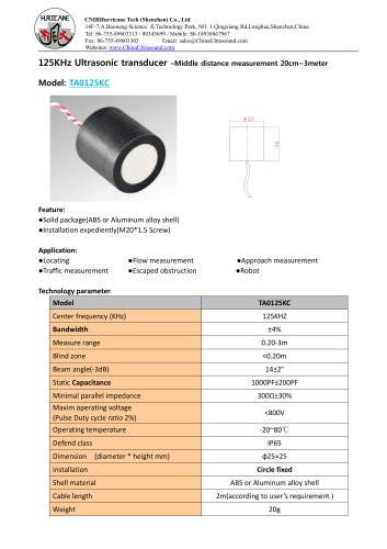 TA0125KC-Ultrasonic-Distance-Sensor-Datasheet