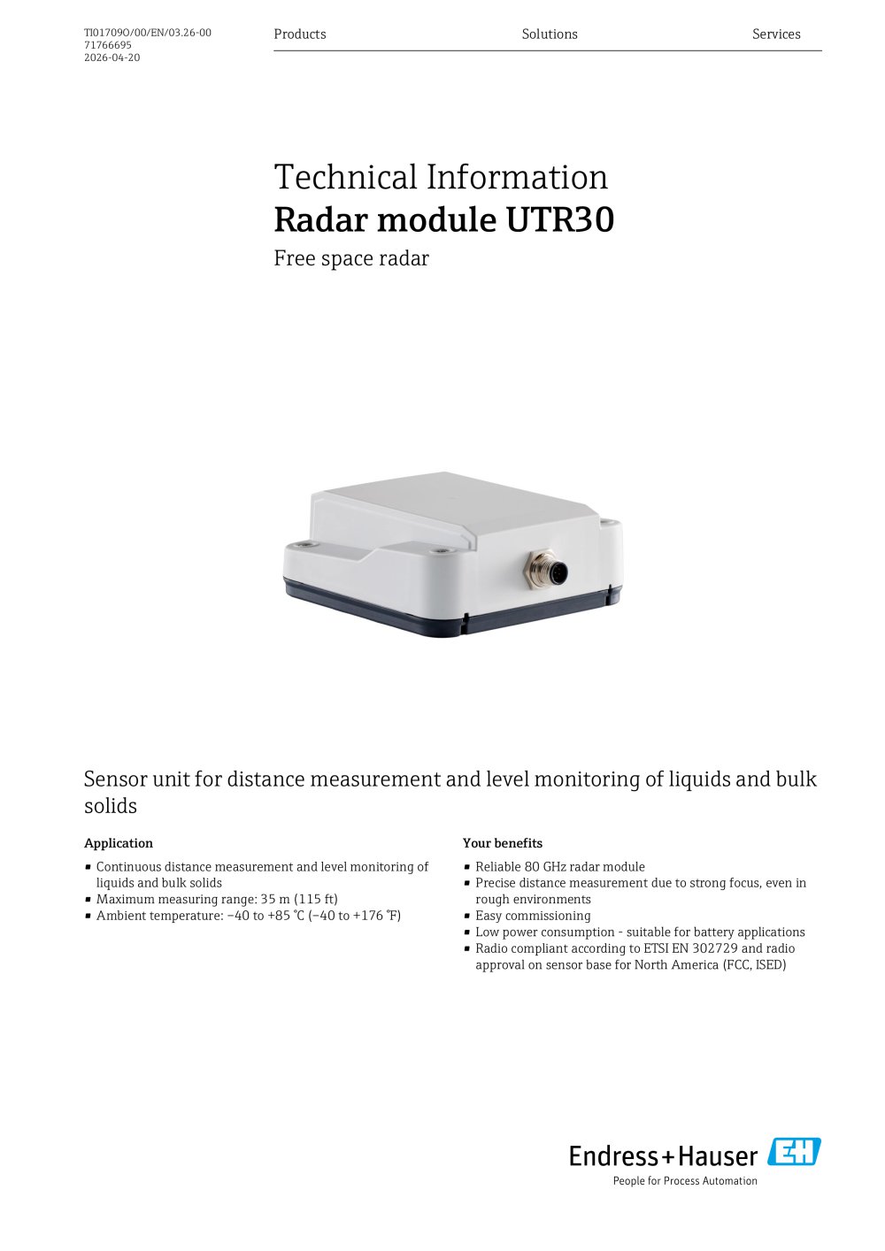 Technical Information - Radar module UTR30 - Endress+Hauser Sensors & Components