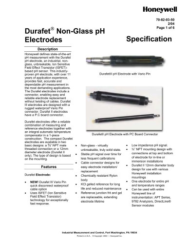 Durafet Non-Glass pH Electrodes specification