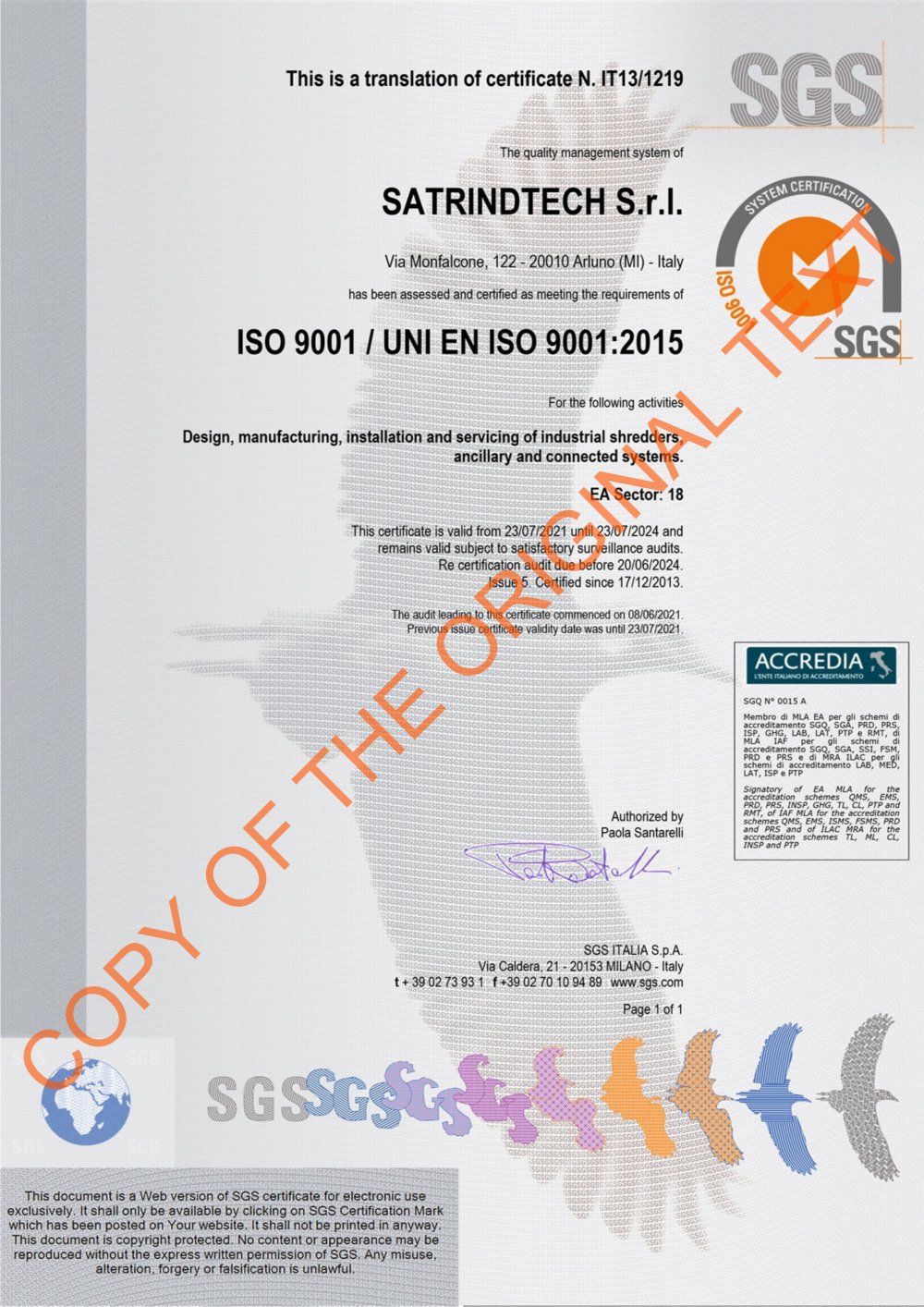 QUALITY CERTIFICATE UNI EN ISO 9001:2015 - SatrindTech S.r.l