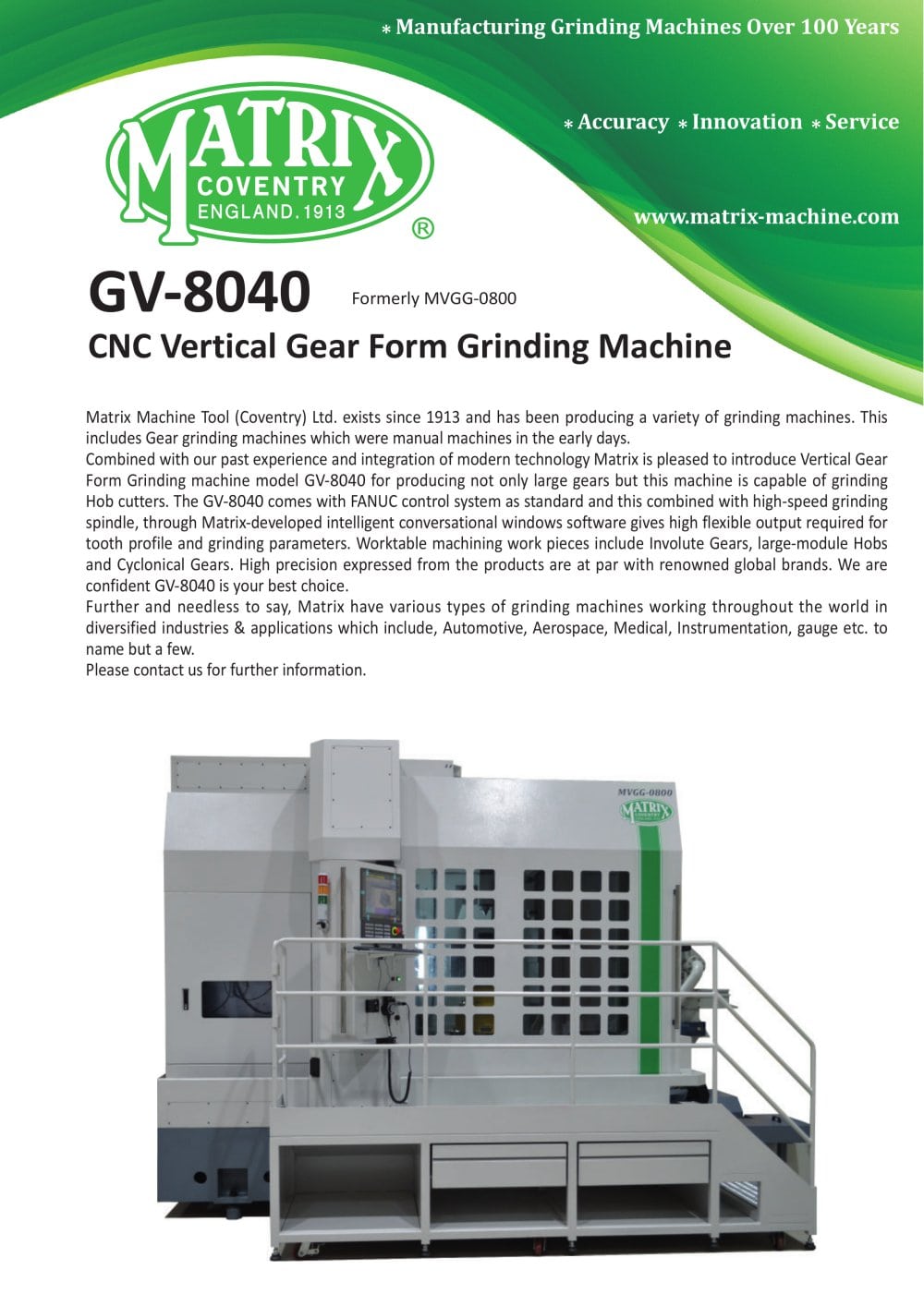 GV-8040 CNC Vertical Gear Form Grinding Machine - Matrix Machine Tool (Coventry) Ltd.