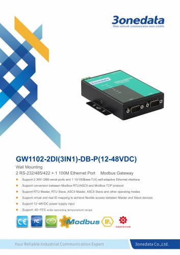 3onedata | GW1102-1DI(3IN1) | Wall Mounting | 2-port RS-232/485/422 to Ethernet Modbus Gateway