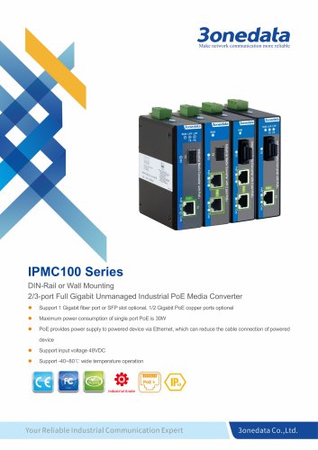 3onedata | IPMC100 Series | DIN-Rail | 2/3-port Full Gigabit Unmanaged Industrial PoE Media Converter