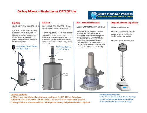 Carboy Mixers – Single Use or CIP/COP Use