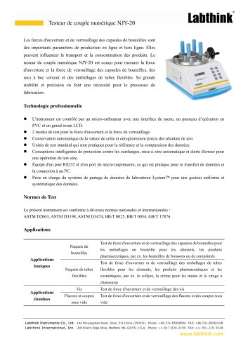 Couplemètre numérique manuel - NJY-20 - Labthink- Cet instrument a été conçu pour mesurer le couple d’ouverture/fermeture (serrage et desserrage), horaire/anti-horaire de bouchons sur des flacons ou des pots.