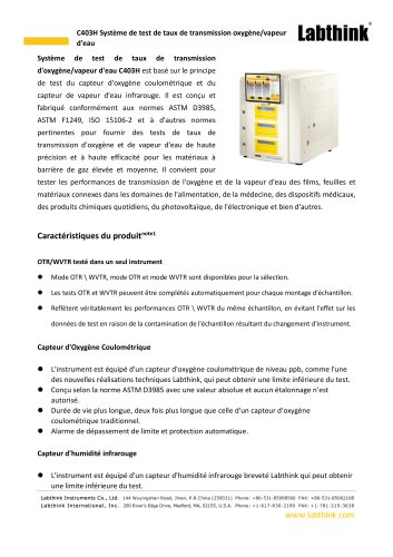 Instrument de test conforme à l'ASTM Mesure de l'OTR et du WVTR des emballages