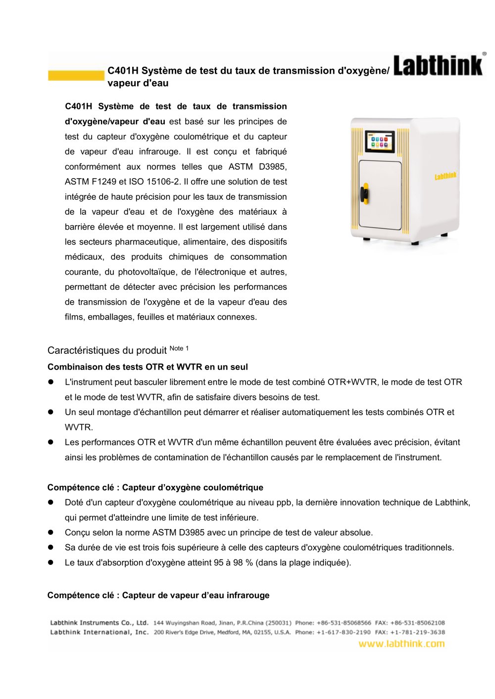Syst&egrave;me de test du taux de transmission de l'oxyg&egrave;ne et de la vapeur d'eau Labthink C401H - Labthink Instruments Co., Ltd.