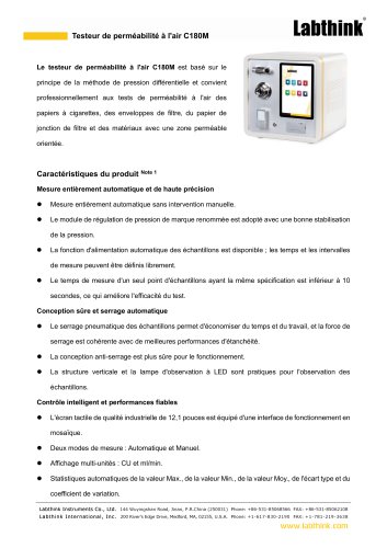 Testeur de perméabilité à l'air C180M pour papiers à cigarettes, enveloppes de filtres, papiers de jonction de filtres et matériaux à zone perméable orientée