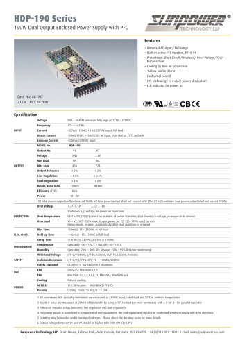 HDP-190 Series - 190W Dual Output Enclosed LED Power Supply with PFC Function