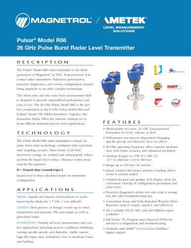 Pulsar Model R86 - 26 GHz Pulse Burst radar Level Transmitter