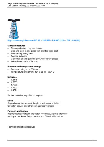 High pressure globe valve HD 92