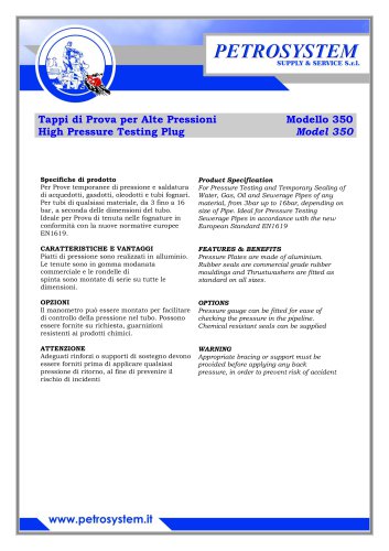 High Pressure Testing Plug Serie 300 Type 350
