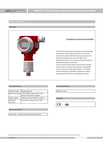 DMP305X-TCT Pressure transmitter for corrossive liquid and gas