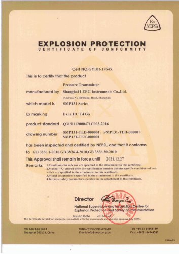 Intrinsic safety certificate for SMP131 compact pressure transducer