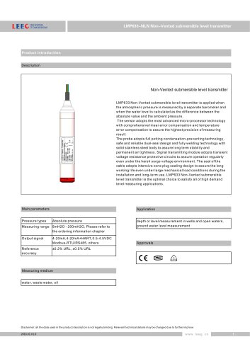 LEEG  LMP633-NLN Non-vented submersible level transmitter for tank