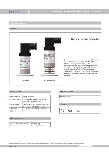 SMP858-TSD-S Hygienic pressure sensor for dairy, beverage, beer datasheet